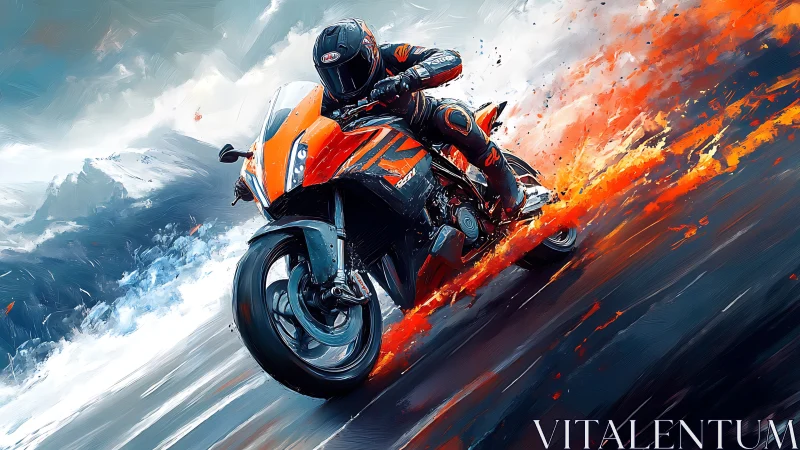 Flame-trail superbike carving storms of snow and smoke.