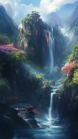 Mountain temples overlook cascading waterfalls in misty dawn.