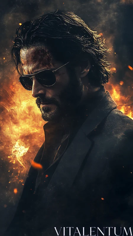 Stoic suited figure in flames with cinematic chiaroscuro lighting.