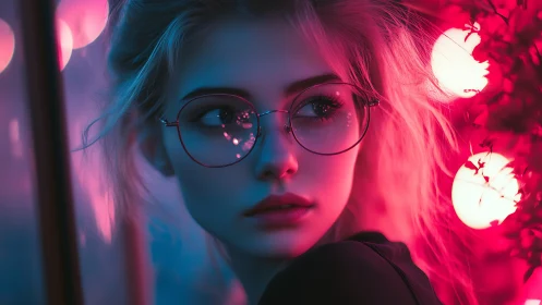 Portrait of pensive girl in neon bokeh city lights