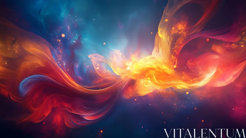 Glowing cosmic phoenix swirls across a dreamy starlit sky