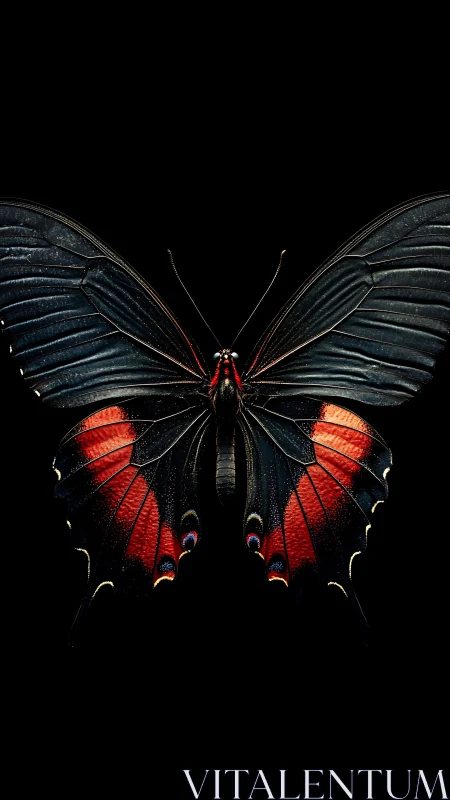 Lustrous black butterfly with vivid crimson heart bands.