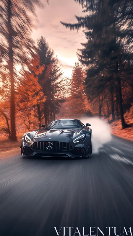High-speed Mercedes AMG drift with radial motion blur in autumn