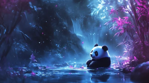 Gentle panda rests in an enchanted neon forest pool at dusk