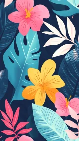 Tropical Floral Illustration with Pink Yellow Flowers and Teal Leaves