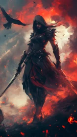 Hooded warrior in ember storm rendered as dramatic digital art