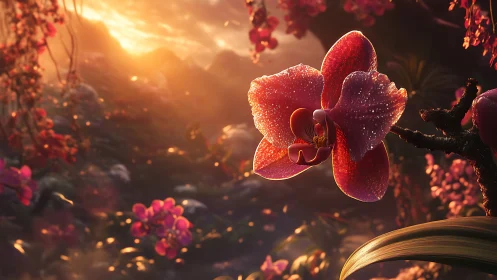 Cinematic 3D orchid macro in glowing dusk rainforest light.