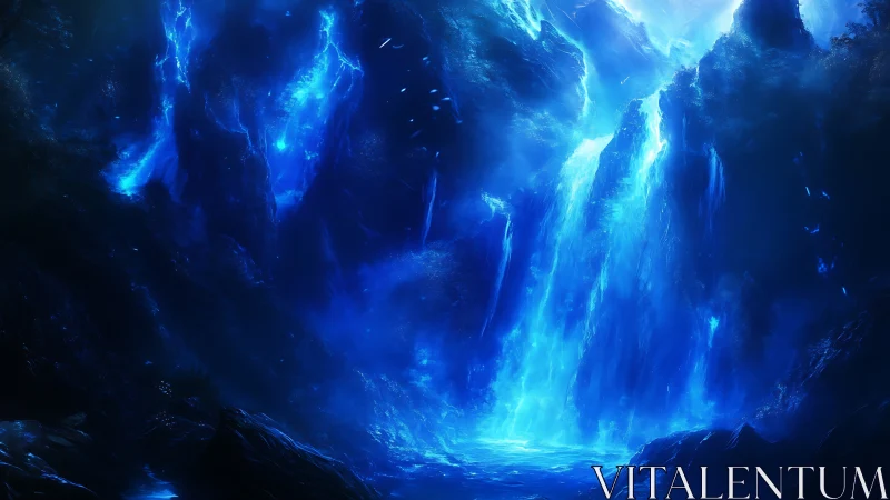 Luminous Abyssal Waterfall in Bioluminescent Cavern Space.
