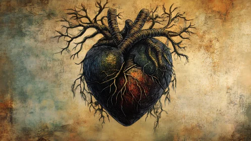 Anatomical heart with branching roots on textured backdrop.