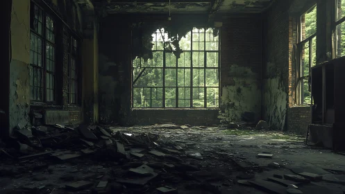 Sunlit greenery softly reclaiming a quiet abandoned room