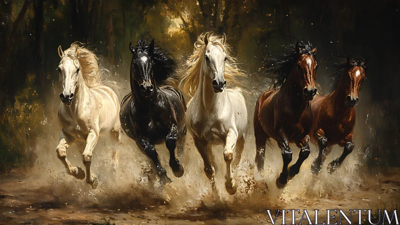 Galloping thunderchorus of five wild horses storms forward