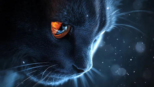 Digitally rendered feline close-up with luminescent amber iris and glowing blue energy field