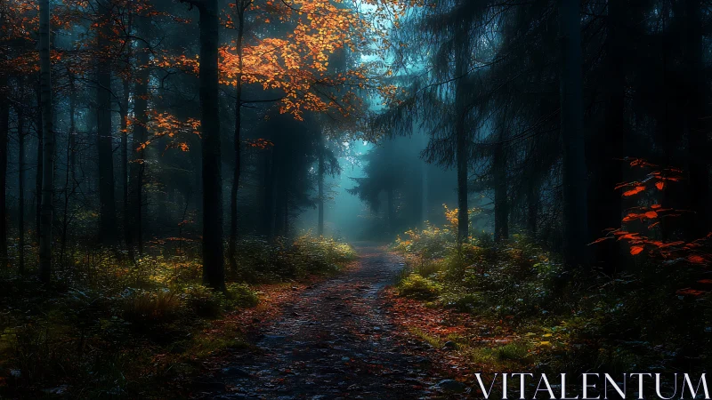 Mystical Forest Path Through Autumn Mist and Golden Light.