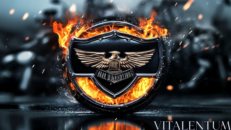 Flaming metal eagle emblem explodes with raw biker energy