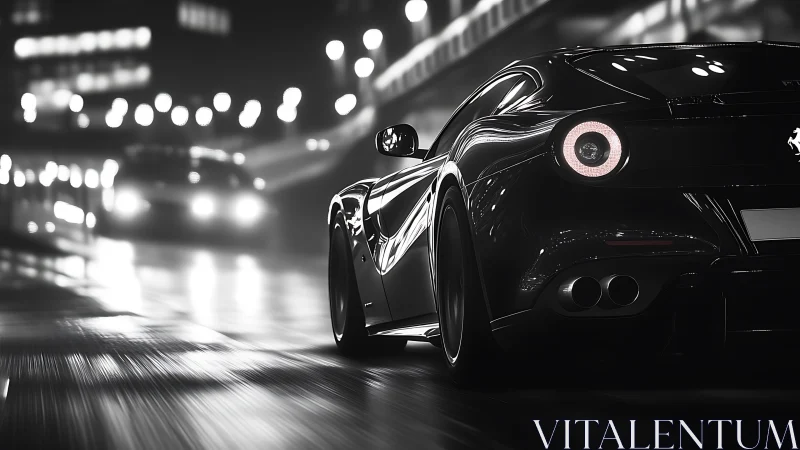 Rear-quarter supercar study in nocturnal urban motion blur.