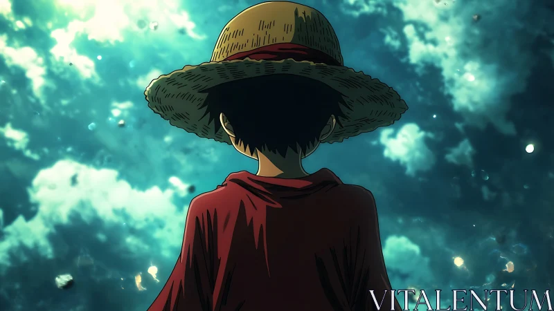 Backlit anime figure in straw hat facing turbulent luminous sky