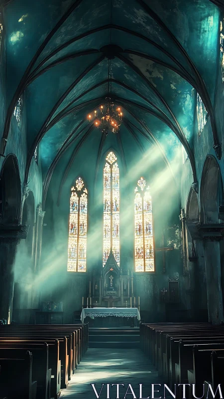 Gothic nave interior with stained glass altar and volumetric light.