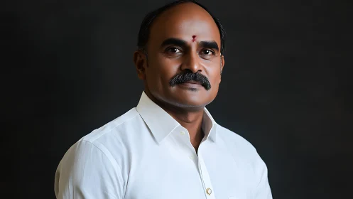 Calm portrait of a thoughtful man in crisp white shirt.
