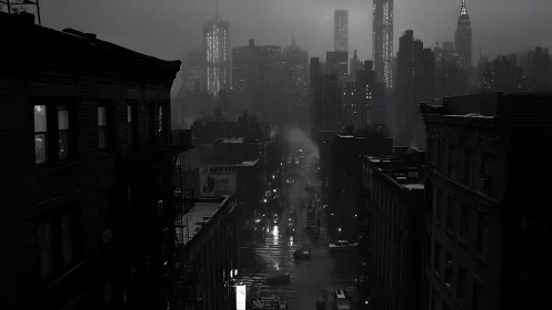 Noir rain-soaked downtown corridor with luminous skyline.