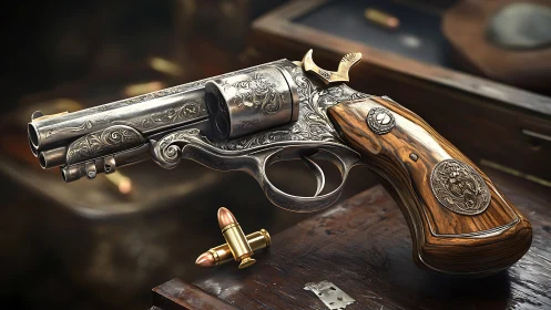 Engraved revolver with wood grip on wooden tabletop.