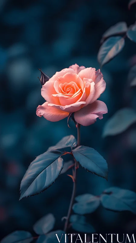 Coral rose blooms softly against deep teal foliage background.