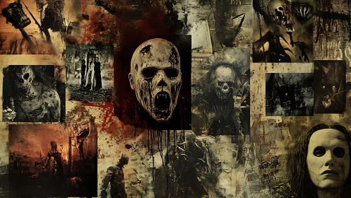 Composite panel of distorted faces and dark figurative scenes.