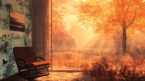 Interior chair faces sunlit autumn landscape through glass wall