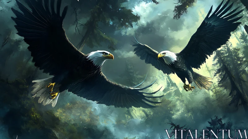 Two majestic bald eagles soaring over misty forest in digital art.