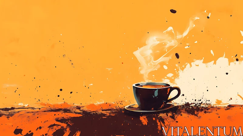 Steaming espresso cup in bold orange abstract splatter art.