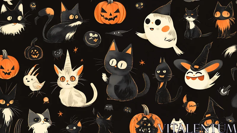 Halloween Illustration: Cats, Pumpkins, Ghosts, and Witches Pattern.