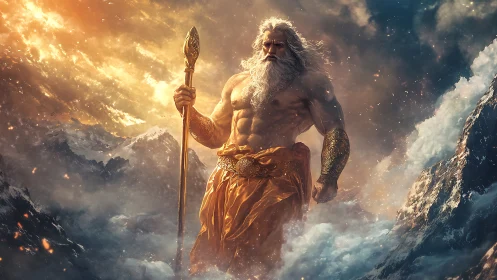 Mythic bearded warrior stands amid stormy mountainscape