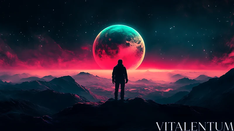 Lone explorer silhouetted before neon red alien moon.