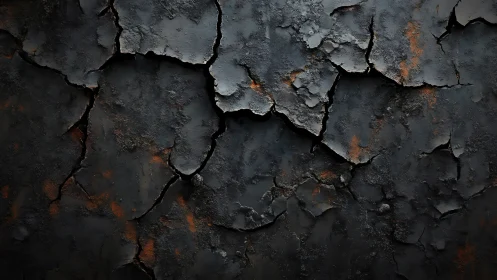 Dark cracked surface with rusted textured fragments.