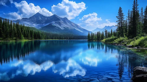 Mirror lake beneath sunlit alpine peaks and pine forest.