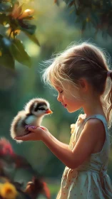 Young girl holds duckling in soft-focus outdoor setting