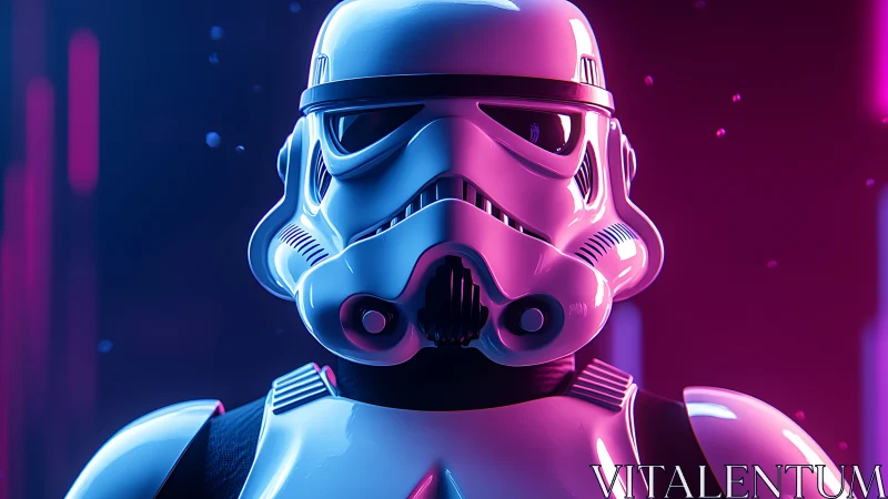 Neon-lit stormtrooper helmet rendered in cinematic 3D lighting