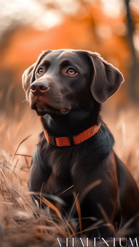 Brown Labrador dog in dry grass with blurred autumn trees.