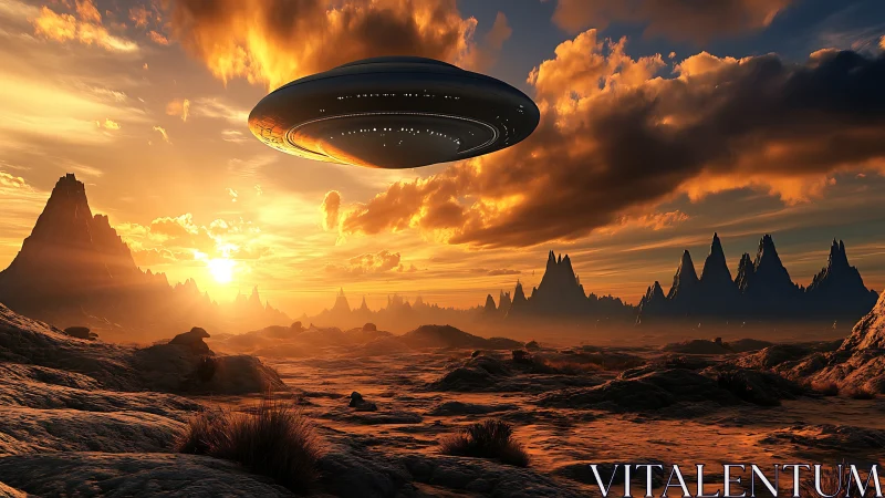 UFO hovers above alien desert during blazing orange sunset