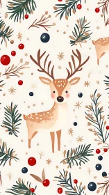 Reindeer illustration with berries and evergreen foliage pattern.