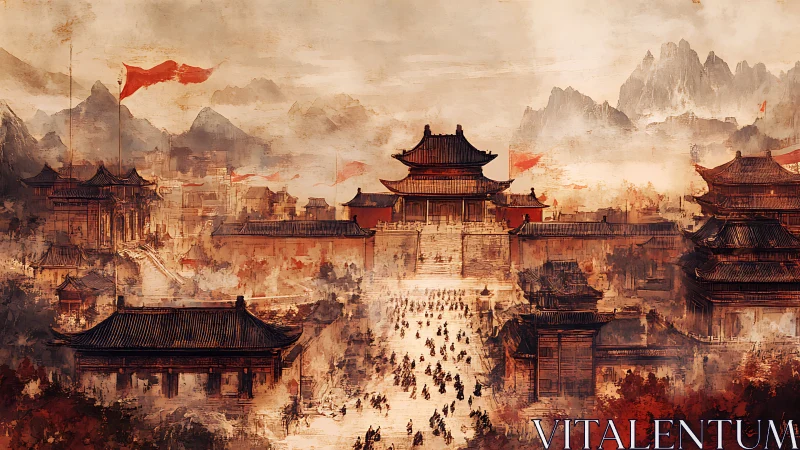 Epic imperial fortress rises amid mist and marching armies