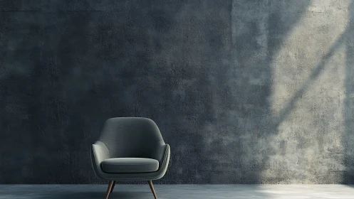 Minimalist gray armchair sits in moody concrete sunlight