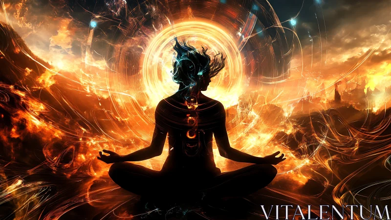 Digital painting of cosmic meditation silhouette in energy vortex.