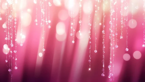 Glittering crystal strands cascade against luminous pink bokeh