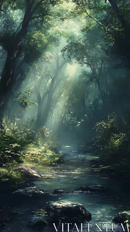 Misty Forest Stream with Ancient Trees and Celestial Light.