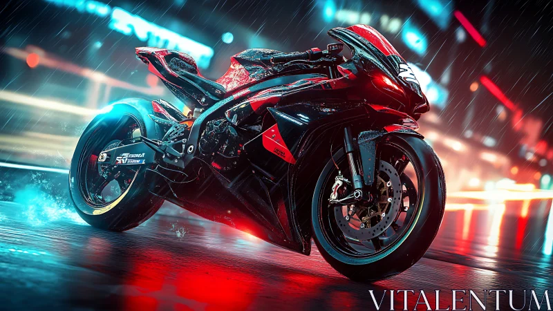 Neon night superbike pausing in rain soaked city glow.