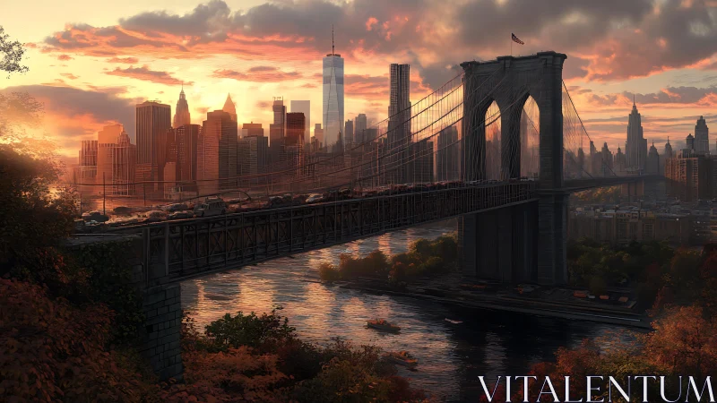 Brooklyn Bridge at sunset unifies dense skyline and river light