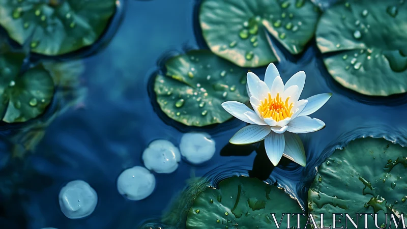 Quiet water lily glowing softly on a tranquil blue pond.