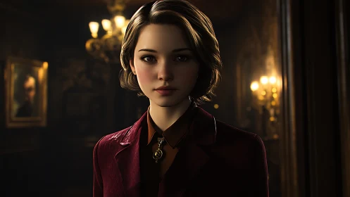 Young sleuth in crimson coat haunts a lamplit manor hall.