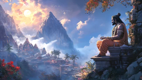 Mountain sage above misty temple kingdom at sunlit dawn.