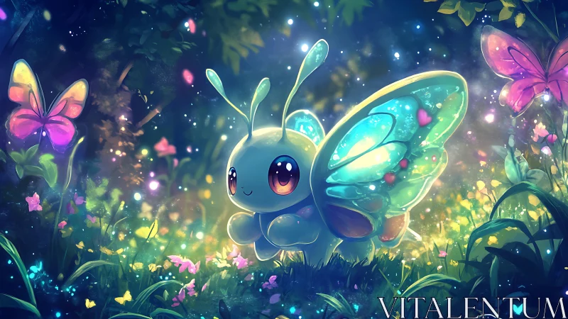 Cartoon caterpillar butterfly hybrid in luminous forest scene.
